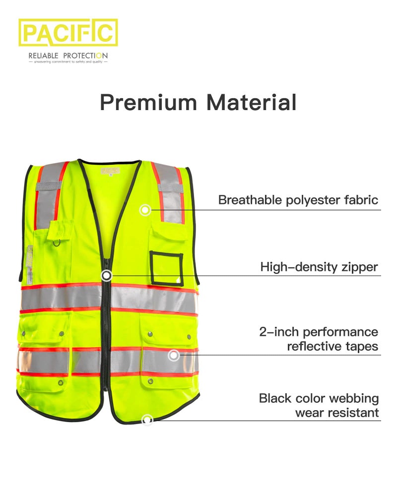 PACIFIC PPE PACIFIC 10 Pockets Safety Vest for Men, 3M High Visibility Reflective Strips with Pockets and Zipper, ANSI Class 2, Yellow, Medium - Image 3